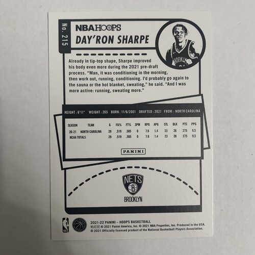 Day'ron Sharpe 2021-22 NBA Hoops Winter Holiday Rookie RC #215 BROOKLYN NETS - Picture 2 of 2