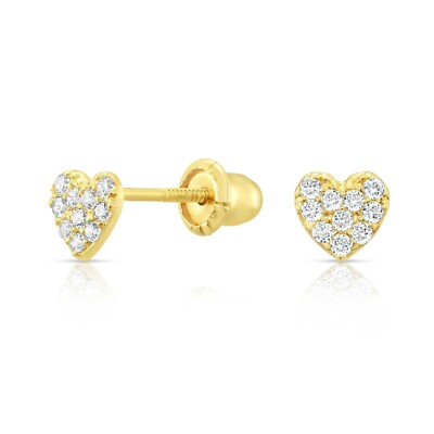 10K Real Solid Yellow Gold Baby Small Heart CZ Sleeper Studs