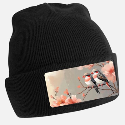 Black Beanie Hat with Cool Zebra Finch Motif - Unisex Cap, Cotton