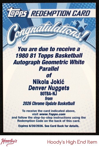2025-26 Topps Chrome Update 1980 White Geo Refractor Nikola Jokic AUTO /2 EXCH