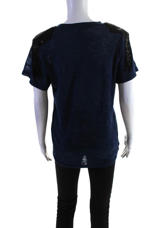 Camiseta Blusa Torn by Ronny Kobo Mujer Con Cuentas Flecos Burnout Azul Talla XS Foto 3 de 4