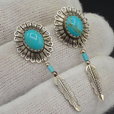 Native American Sterling Feder Blatt kleine Ohrringe oval Türkis Indianer 925