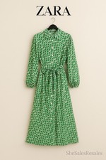 Zara Green Cream Printed Midi Shirt Dress L Viscose Belted Button Down Pockets