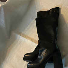PrWomen s Black Knee High Platform Boots Faux Leather Round Toe Zip Block Heel 8
