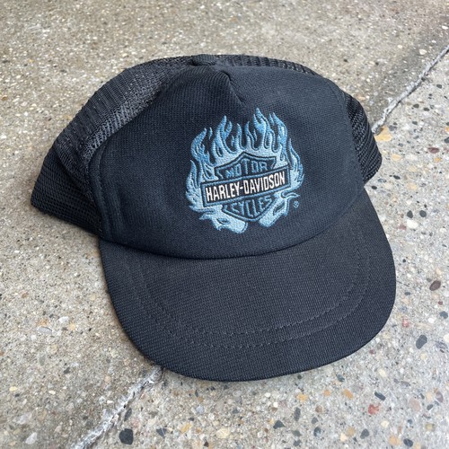 Vintage 80s Harley Davidson Flame Logo Snapback Mesh Trucker Hat Youth Size USA