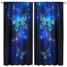 Blue Butterfly Curtains,Glowing Butterflies Black Background Thermal Insulate...