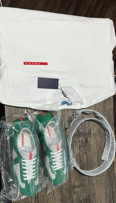 PRADA Men's Green White Lace Up Casual Sneakers Logo Accent Comfort