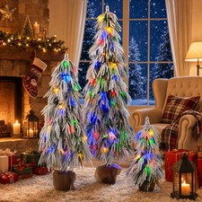 3x Pre-Lit Flocked Christmas Tree 3FT / 4.5FT / 6FT Artificial Christmas Trees