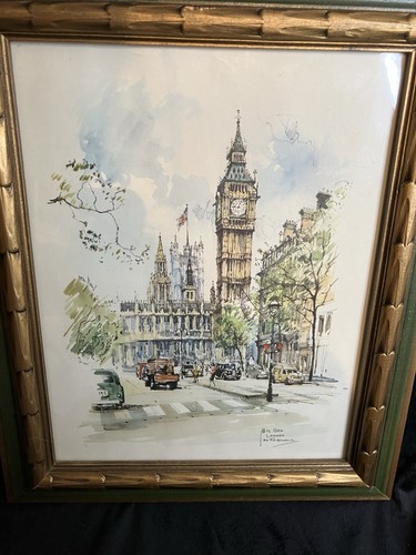 Vintage Big Ben London By Jan Korthals Watercolor Print Green Bronze Framed - Picture 2 of 7