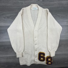 True Vintage 60s Cardigan Sweater Mens Medium White Wool Varsity Letterman USA