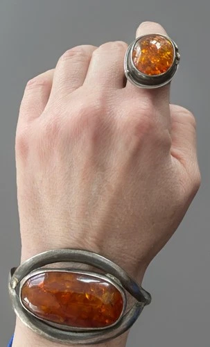Vintage Silver Baltic Amber Bracelet & Sterling Amber Ring Set – Modernist