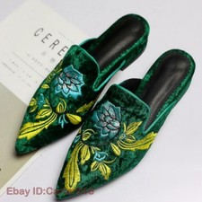 Womens Pointy Toe Slippers Shoes Chic Embroider Floral Flat Heel Mules Slides