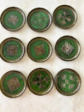 Set Of 9 Vintage Florentine Coasters Trinket Dishes Green Gold 3 3/8" diameter