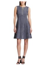 DKNY Womens Faux-Suede Zip-Front Scuba Dress Size 12 Grey Sleeveless A-Line
