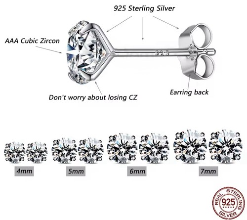 Solid 925 Sterling Silver Round Cubic Zirconia CZ Stud Earring 4-5-6-7mm 4 Pairs - Picture 6 of 7