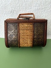 VIntage Embossed Pattern Leather Woven Wicker Wood Box Purse Handbag Swing Lock