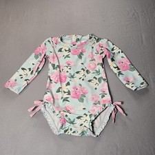 RuffleButts 18-24M Floral Long Sleeve One Piece Swimsuit Blue Pink Ruffle