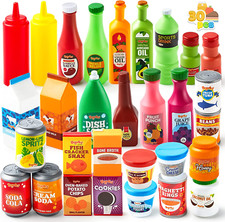 JOYIN 30Pcs Play Food Grocery Cans, Play Kitchen Accessories, Includes Drink, Ju