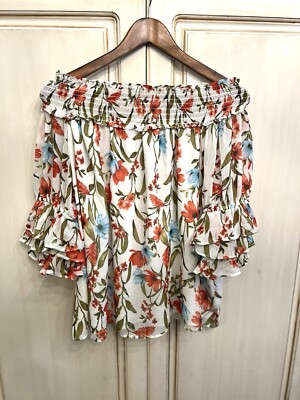 Cece Blouse Off The Shoulder Floral Ruffle 3/4 Sleeve Lined Size M 