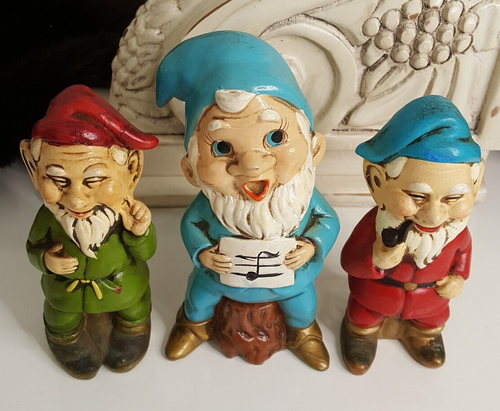 VTG Gnomes Set of 3 Singing Smoking Pipe Pinch Cheek Ceramic 5-6" Tall - Picture 5 of 24