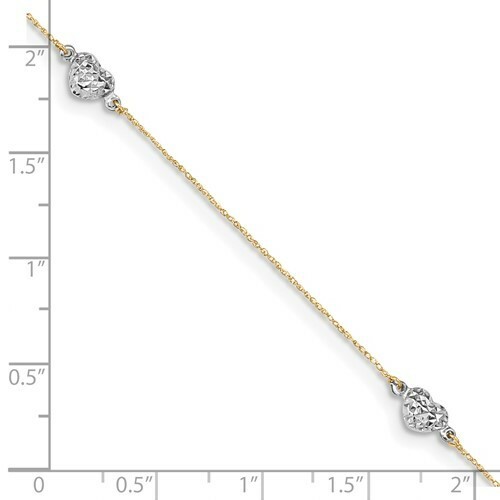 *BRAND NEW* 14k Two-tone Gold Puff Heart 9in Plus 1in ext Anklet - Picture 4 of 4