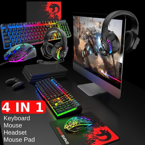 RGB Led Backlit Light Gaming Computer Desktop Wired Mechanical Keyboard & Mouse