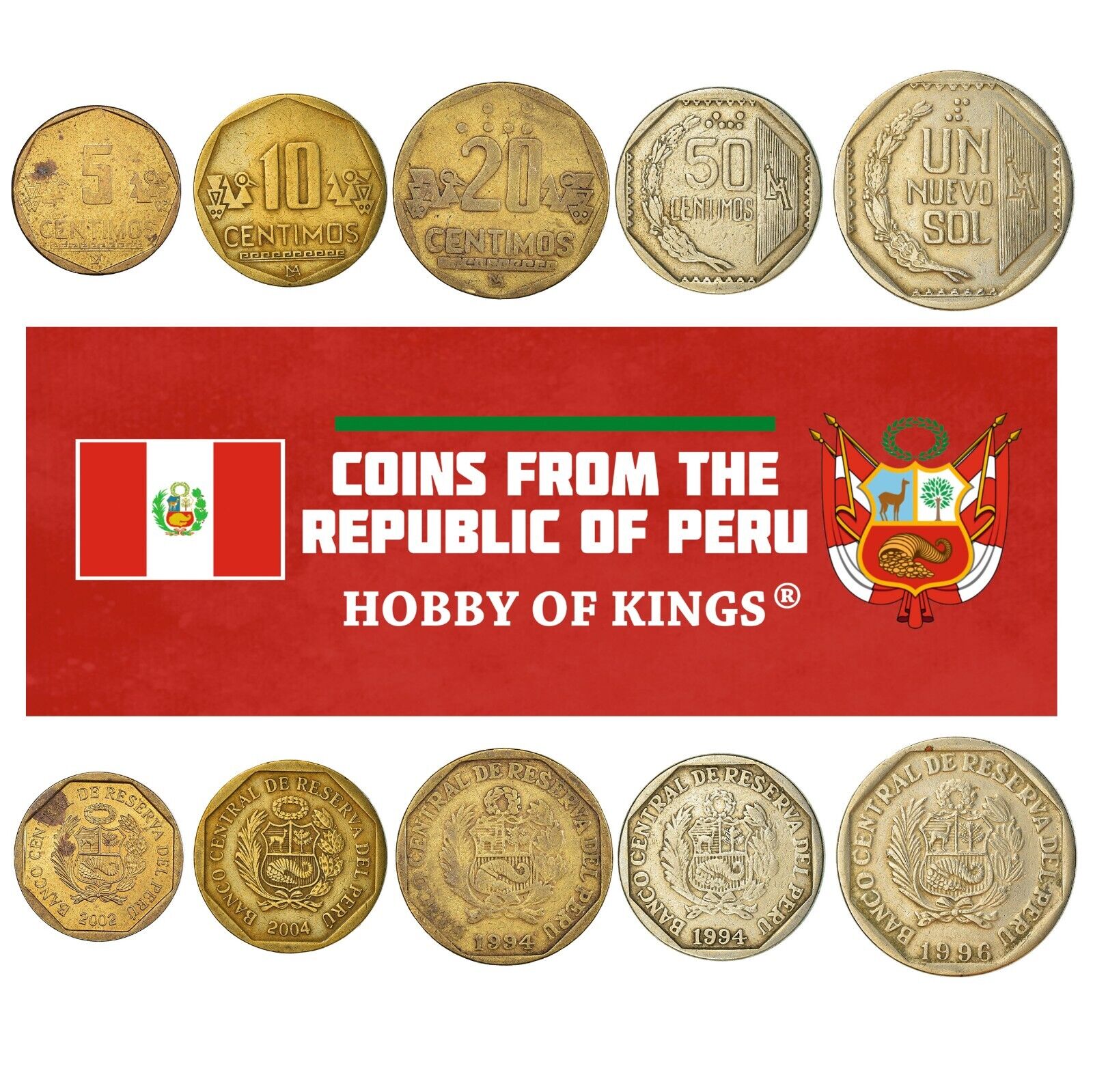 5 Peru Coins | Centimos | Nuevo Sol | Mixed Peruvian Currency | Chimu  Culture