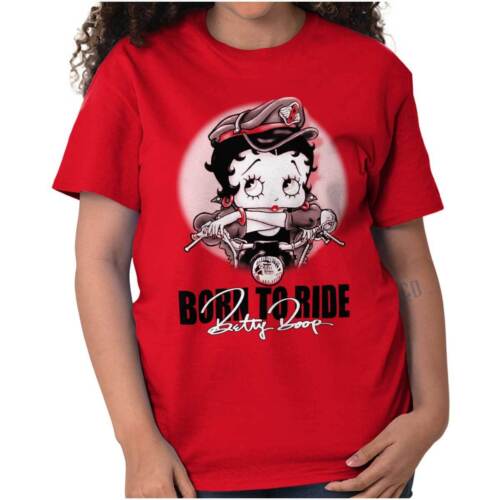 Biker Betty Boop Born To Ride Retro Cartoon Womens Graphic Crewneck T Shirt Tee
