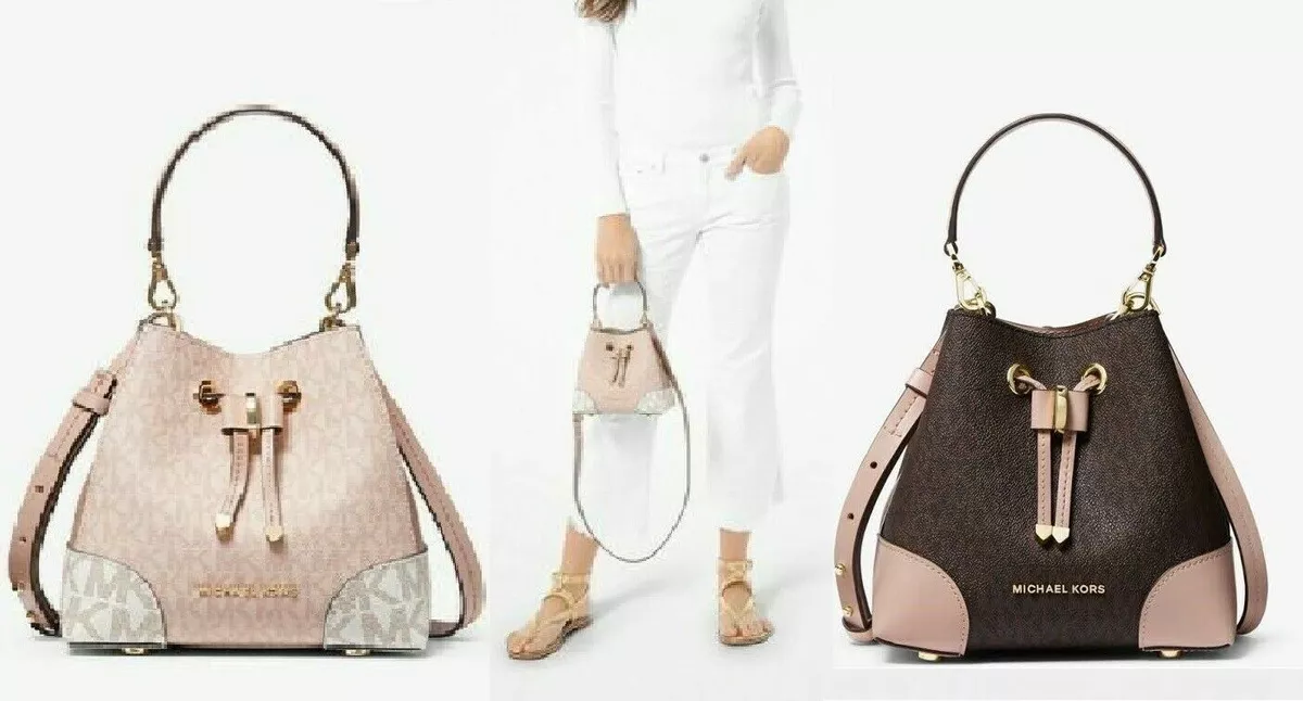 Michael Kors Mercer Gallery small convertible bucket bag brown soft pink 