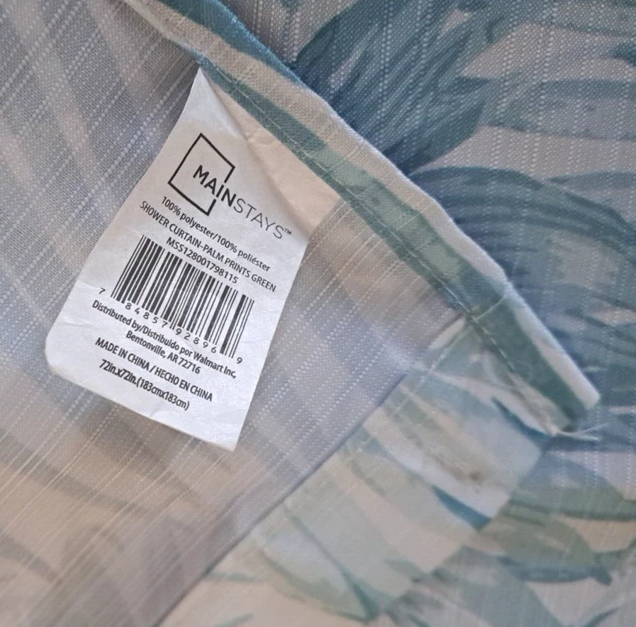 Cortina de ducha de tela con fronda de palmera blanca verde tropical playa pilares  Foto 4 de 4