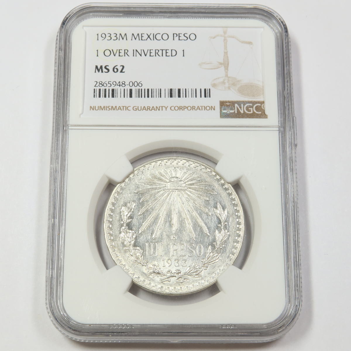 1933 M NGC MS62 - MEXICO - 1 Over Inverted 1 - Silver Un Peso Coin