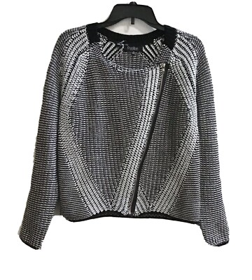 Papillion Blanc Sz M Sweater Jacket Zipper Black & White Long Raglan Sleeves