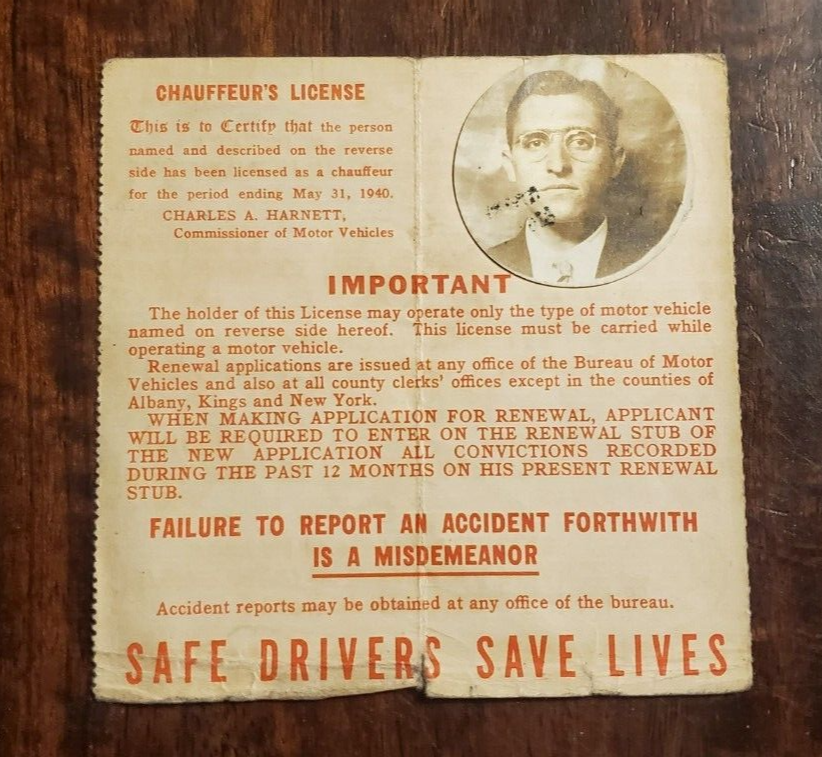 1937 Chauffeur's License State Of New York Licensed Gas Vehicles