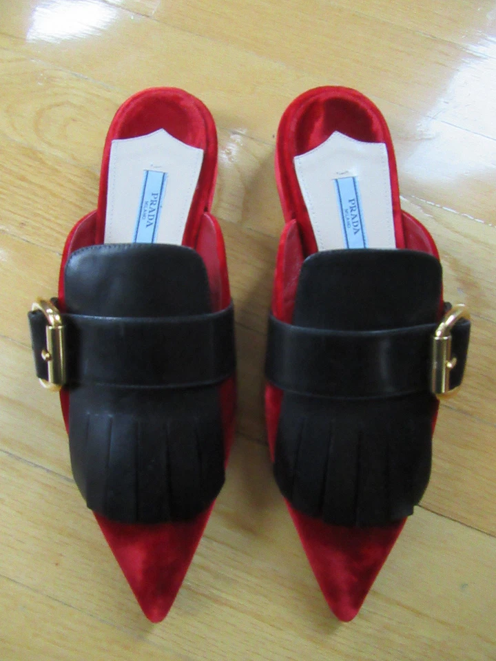 New Prada Women Open Back Loafers Red Velvet Black Leather w/Fringe Size 9.5 US