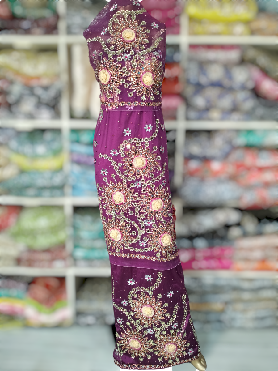 Elegant Purple Indian Raw Silk George Wrapper with stunning hand