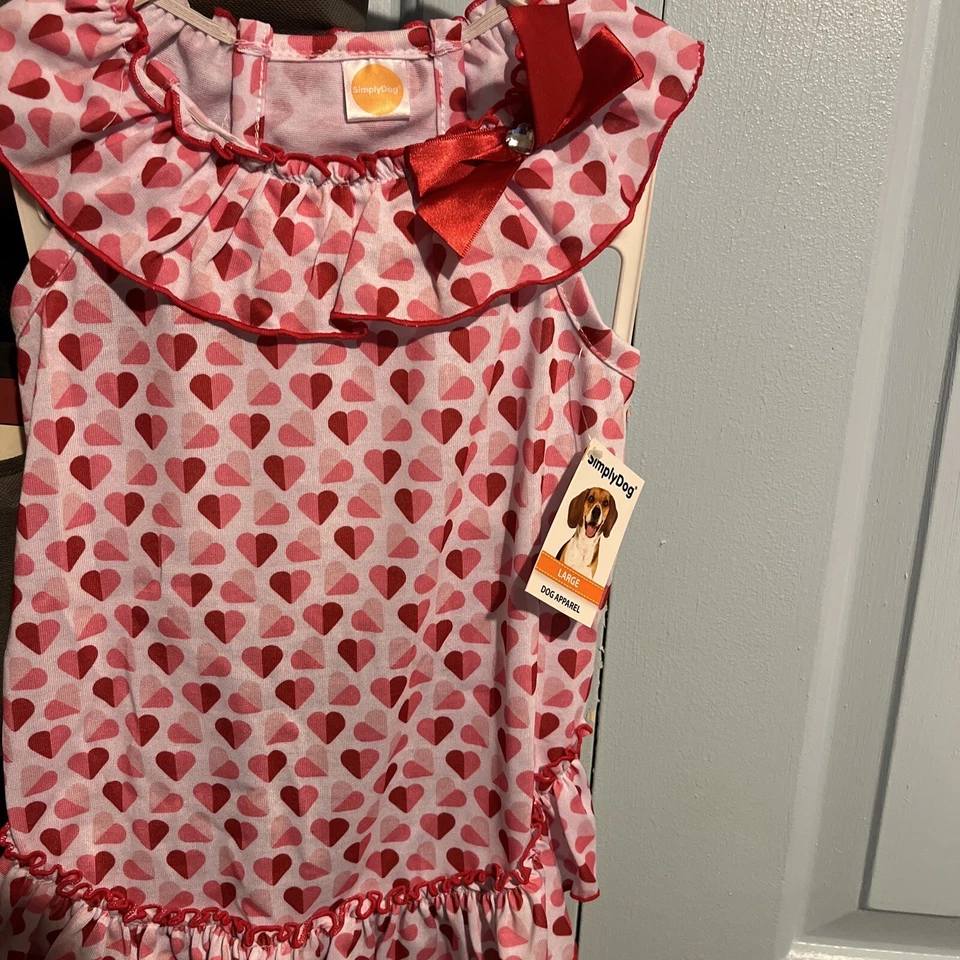 SimplyDog Mission Pets Ruffled White Hearts Dress Red Bow Rhinestone Size Large - Image 2 of 4