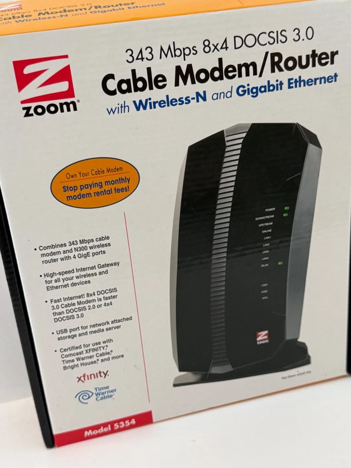 Zoom 8x4 DOCSIS 3.0 343 Mbps 802.11ac Cable Modem Router Model 5354. open box - Image 3 of 4
