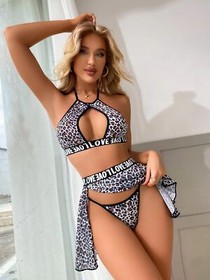 Women Sexy Lingerie Leopard Lace Dress G-string Underwear Babydoll Sleepwear Set