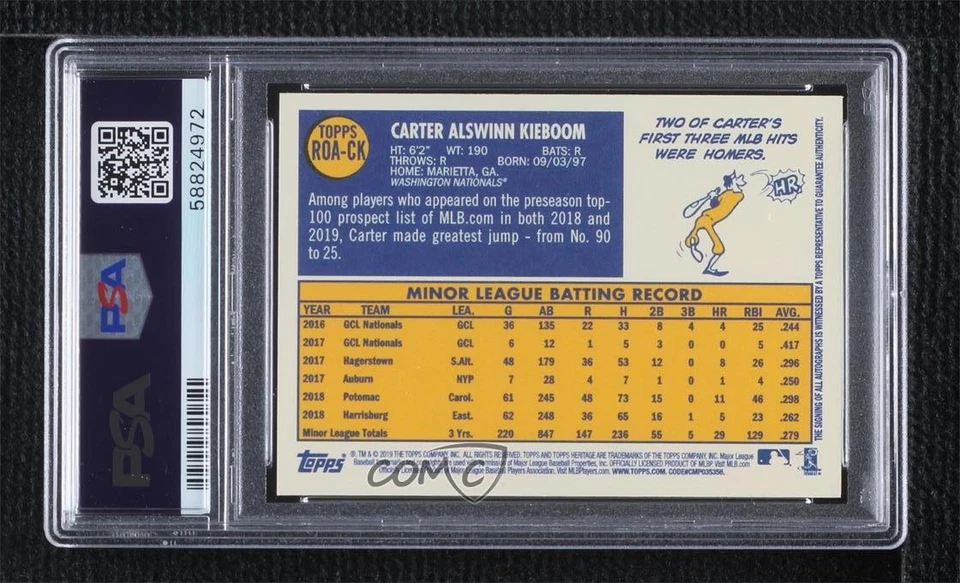 2019 Heritage High Number Red Ink /70 Carter Kieboom PSA 9 MINT Rookie Auto RC - Image 2 of 2