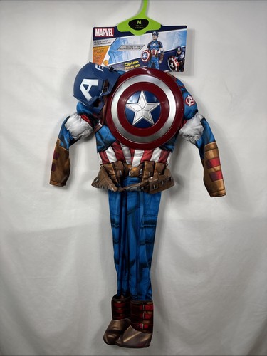Captain America Boys Costume Medium 8-10 Blue Jumpsuit Mask Belt Shield Deluxe