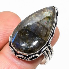 Natural Labradorite Gemstone 925 Sterling Silver Ring Size 9 u689