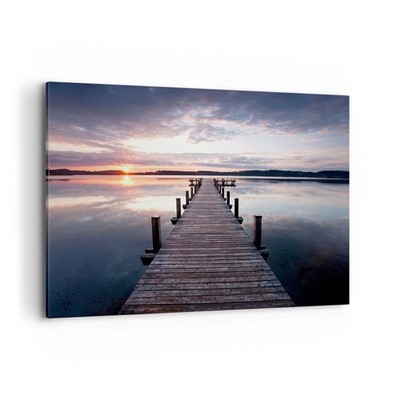 Wandbilder 120x80cm Leinwandbild Fußgängerbrücke See Sonnenuntergang Abend