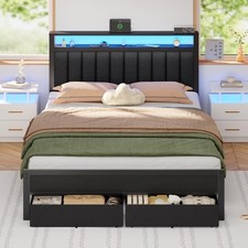Queen Bed Frame with Charging Station and LED Lights, Grey Upholstered Headbo...