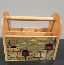 vtg Warren Kimble Wood Handle Caddy Organizer Utensils Birds House FOLK ART 4