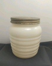 Anchor Hocking Fire King Milk glass Beehive Grease Jar Floral Lid 1940s Vintage