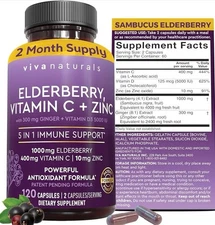 Viva Naturals Elderberry with Vitamin C Zinc D3 5000 IU 120 Ct Exp 12/26