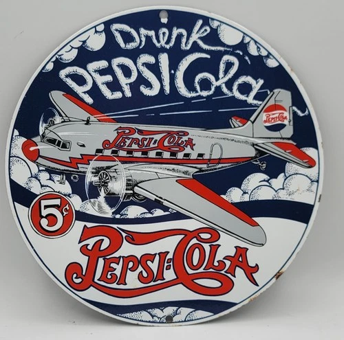 Vintage Airplane Pepsi Cola Porcelain Enameled Metal Sign