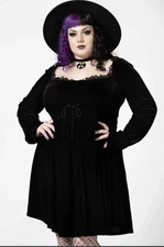 Killstar IMPERIA Black Velvet Dress XXL Long Sleeve Lace Detail on Neckline