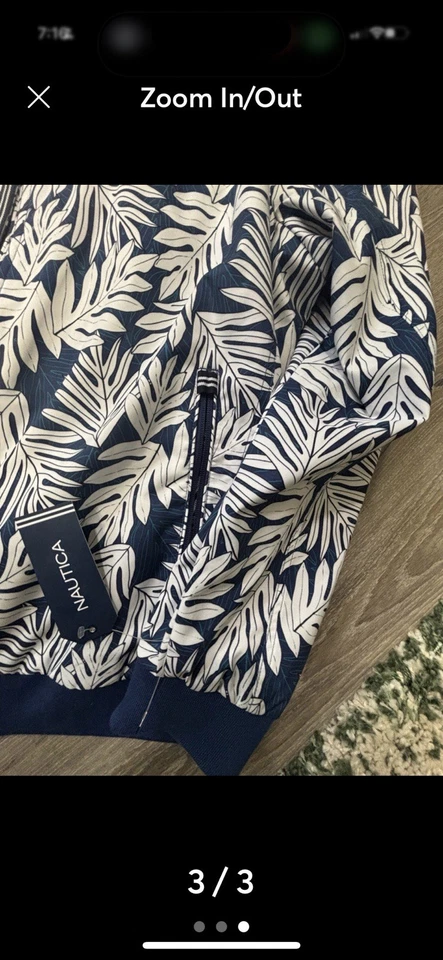 Nautica 夹克男式 XXL 蓝色白色花卉叶子全拉链长袖外套全新带标签 — 第 3/3 张图片