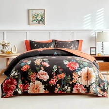 Joyreap 7 Piece Bed in a Bag Queen, Floral Comforter Sheet Set, Black n Orang...